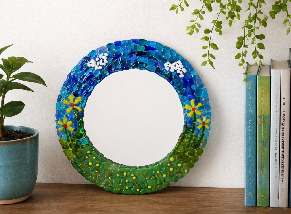 Handmade Fused Glass Floral Mirror, Round Wall Mirror 29cm, Colourful Garden Art, Unique Handmade Home Decor, Flower Mirror