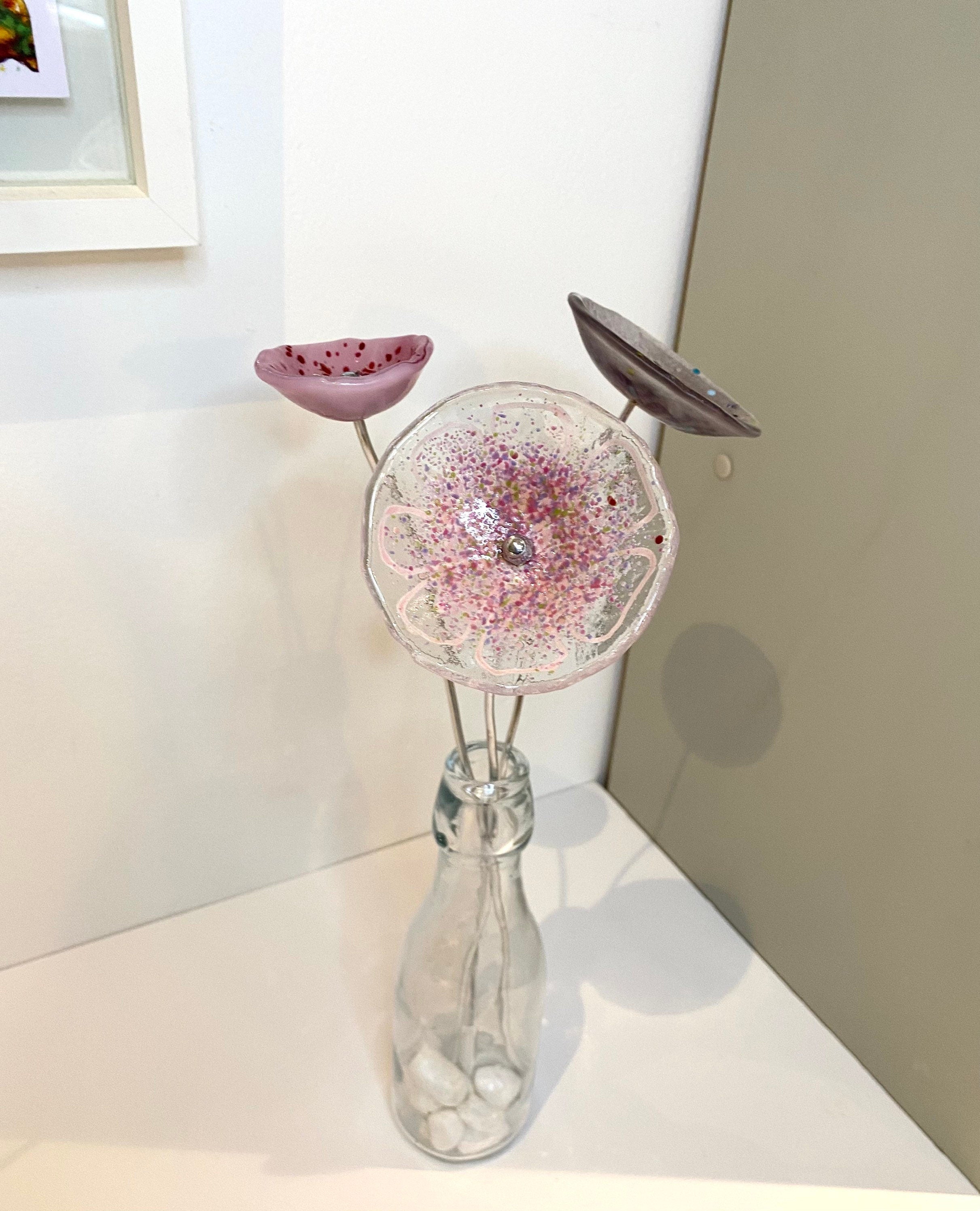Handmade fused glass flower bouquet, glass flower display, glass flower sculpture, hand crafted glass flowers