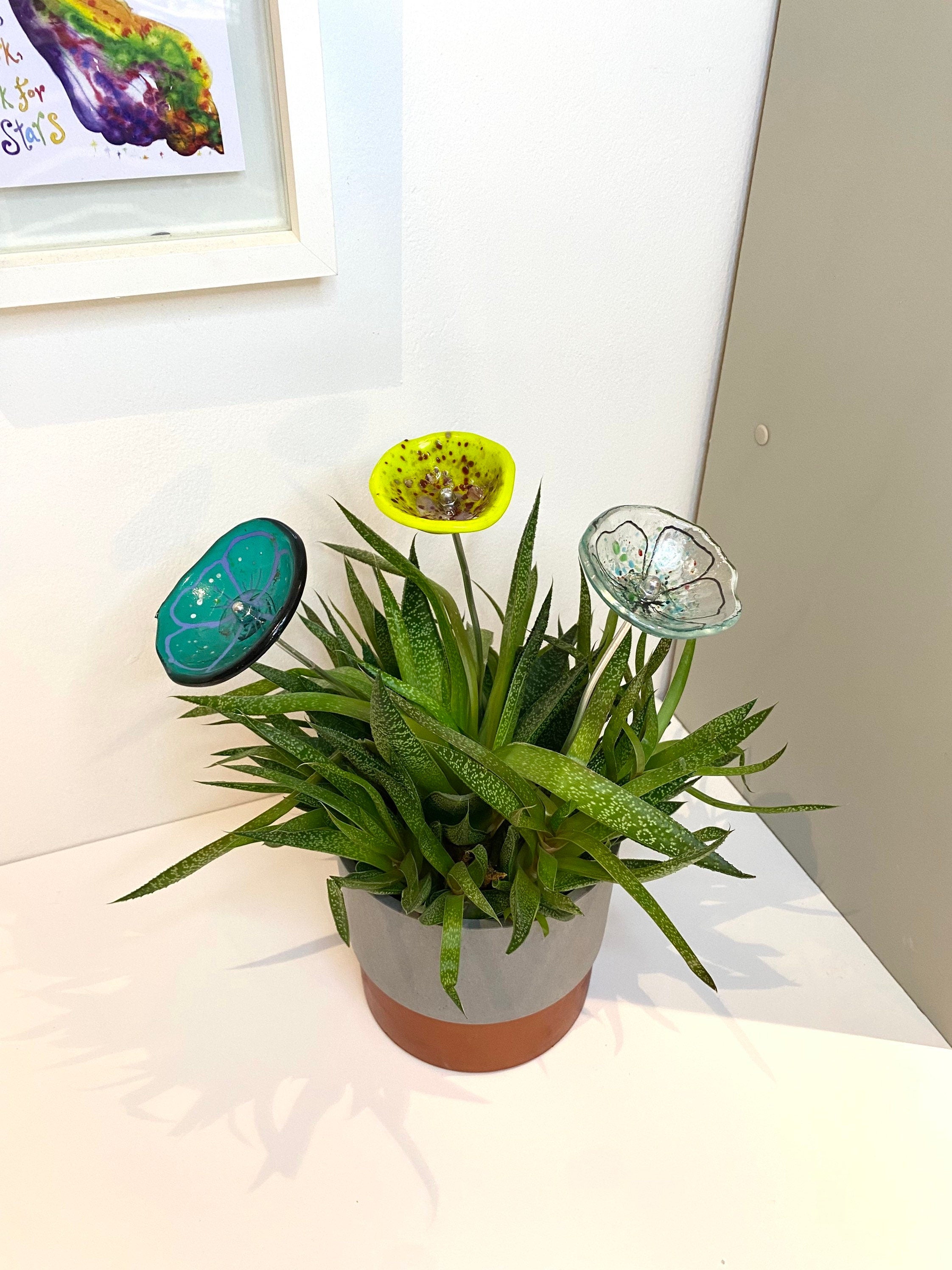 Handmade fused glass flower bouquet, glass flower display, glass flower sculpture, hand crafted glass flowers