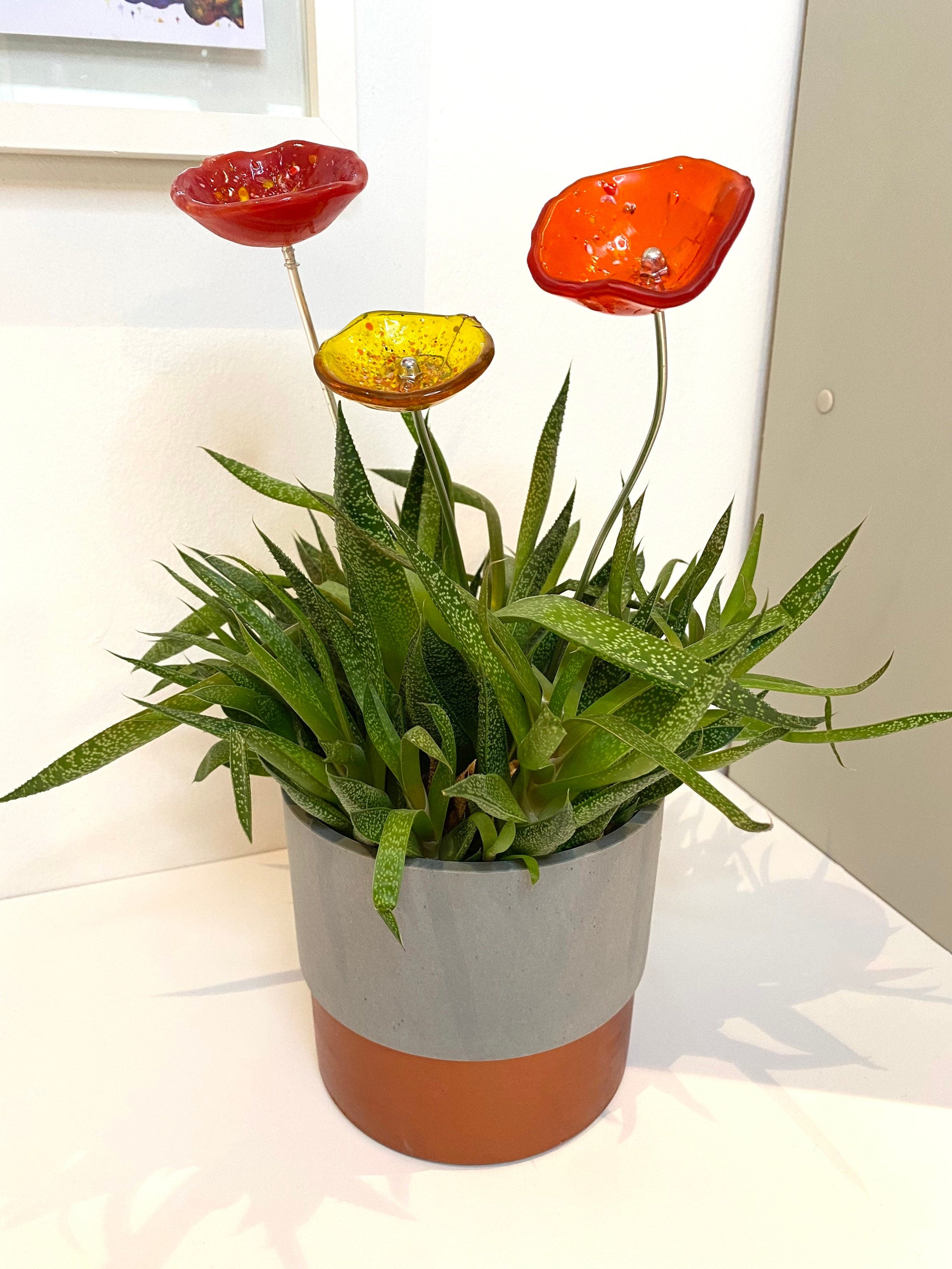 Handmade fused glass flower bouquet, glass flower display, glass flower sculpture, hand crafted glass flowers