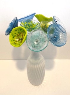 Handmade fused glass flower bouquet, glass flower display, glass flower sculpture, hand crafted glass flowers