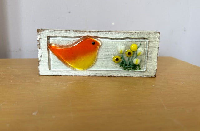 Fused glass robin on wooden block