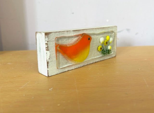 Fused glass robin on wooden block