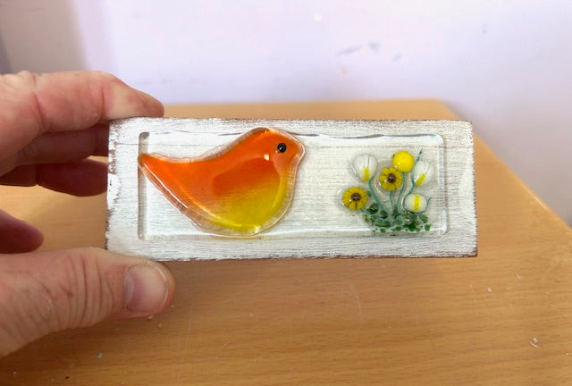 Fused glass robin on wooden block