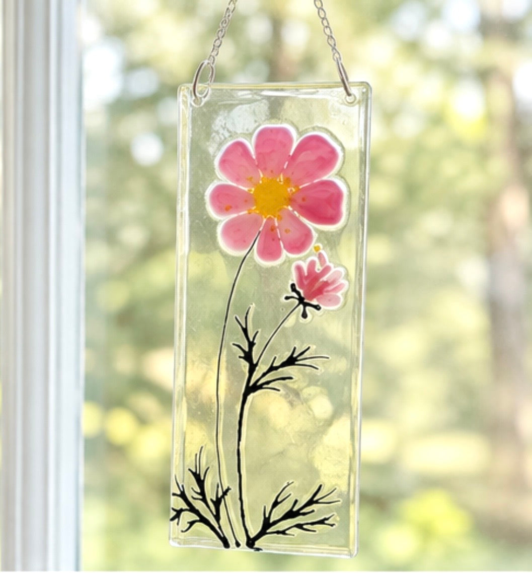 Fused Glass Cosmos, Handmade Birthday Gift, Flower Decoration, Window Hanging Ornament