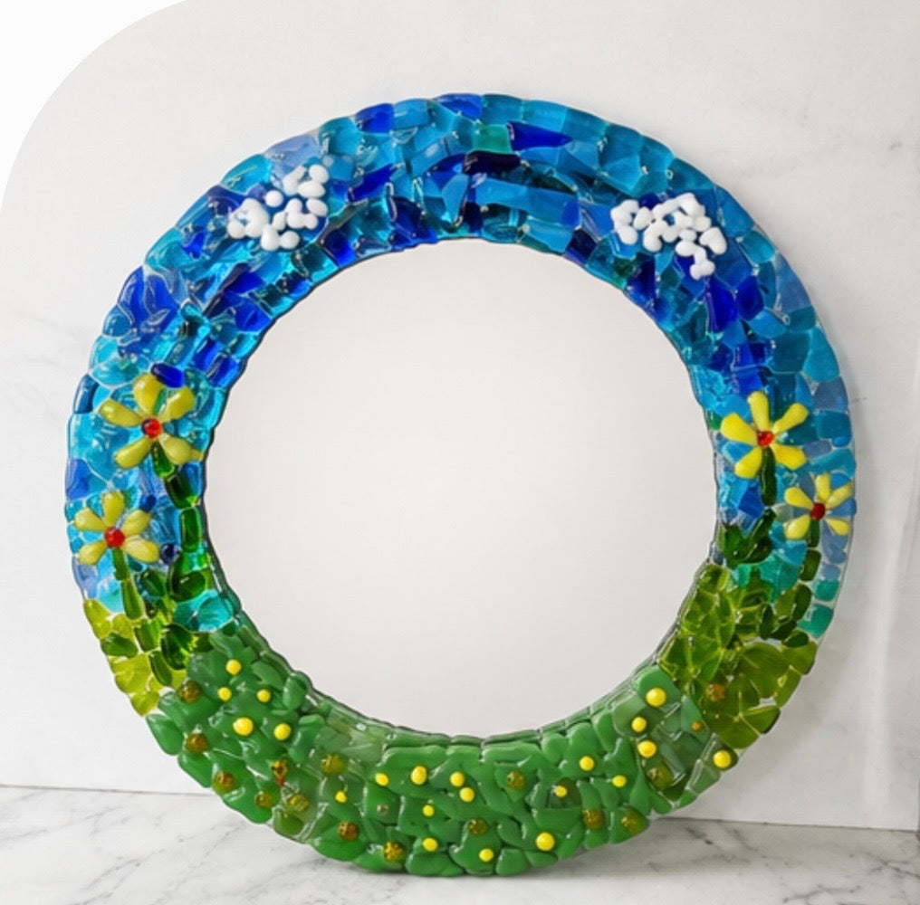 Handmade Fused Glass Floral Mirror, Round Wall Mirror 29cm, Colourful Garden Art, Unique Handmade Home Decor, Flower Mirror