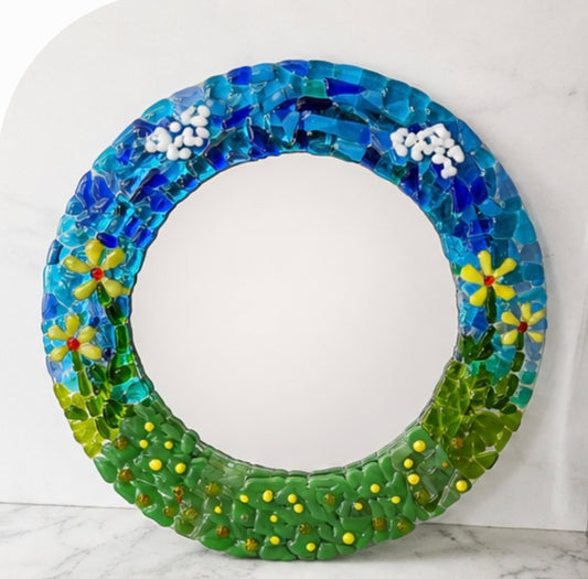 Handmade Fused Glass Floral Mirror, Round Wall Mirror 29cm, Colourful Garden Art, Unique Handmade Home Decor, Flower Mirror