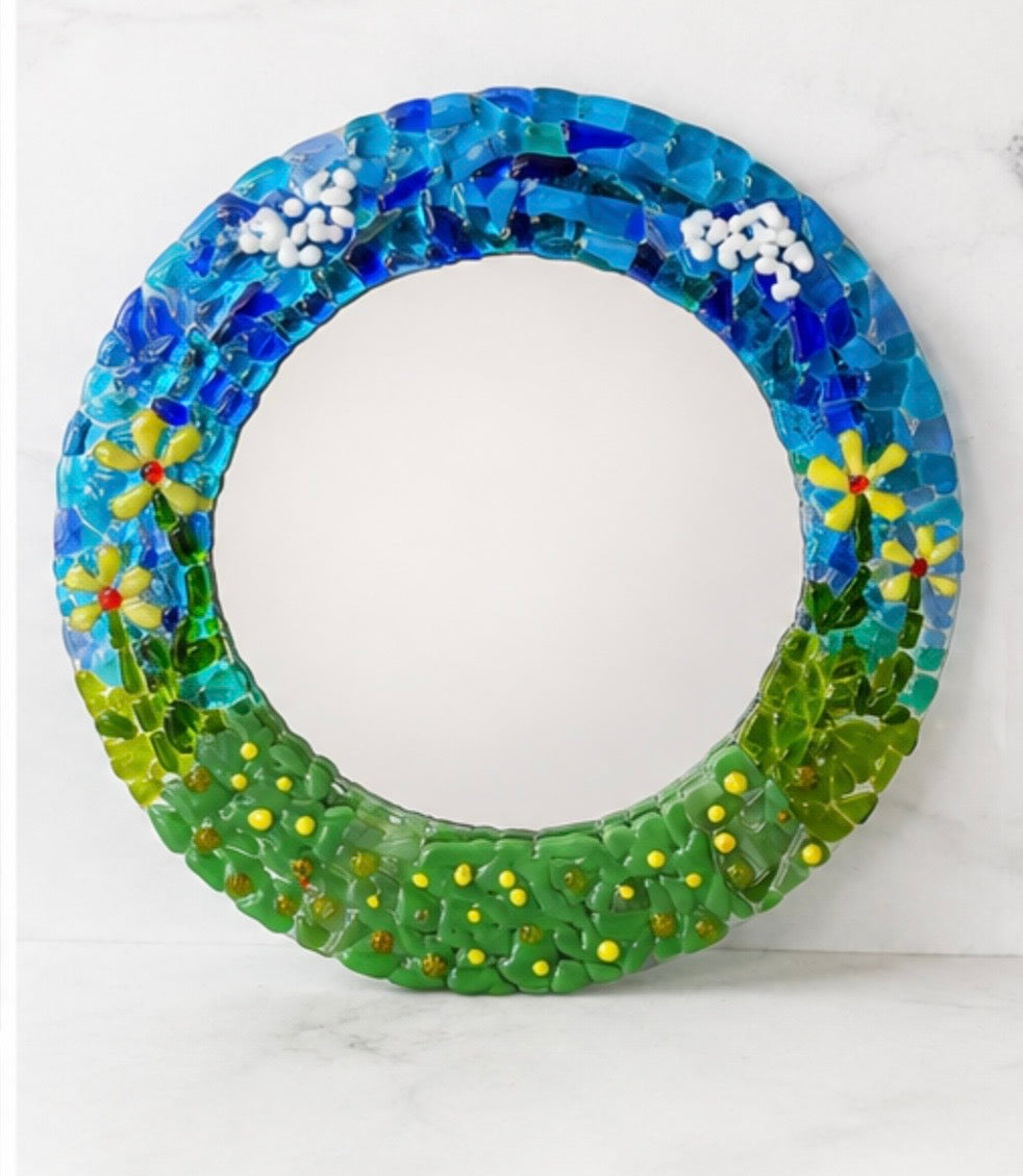 Handmade Fused Glass Floral Mirror, Round Wall Mirror 29cm, Colourful Garden Art, Unique Handmade Home Decor, Flower Mirror