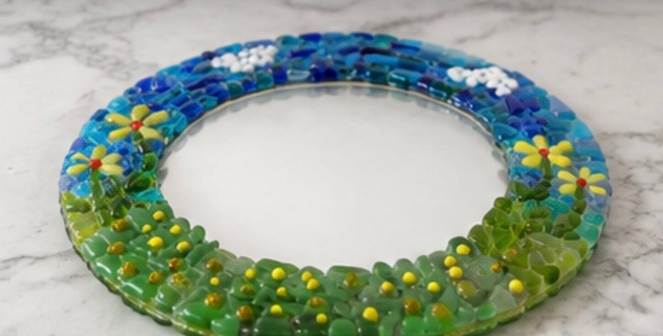 Handmade Fused Glass Floral Mirror, Round Wall Mirror 29cm, Colourful Garden Art, Unique Handmade Home Decor, Flower Mirror