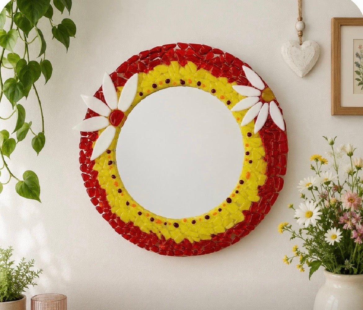Handmade Fused Glass Daisy Mirror, Round Wall Mirror, Colourful Floral Home Décor, Unique Glass Art Gift, Daisy Wall Hanging