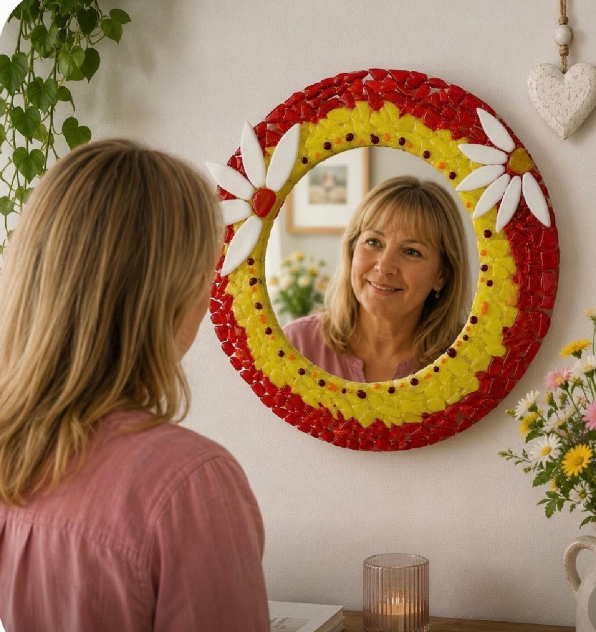 Handmade Fused Glass Daisy Mirror, Round Wall Mirror, Colourful Floral Home Décor, Unique Glass Art Gift, Daisy Wall Hanging