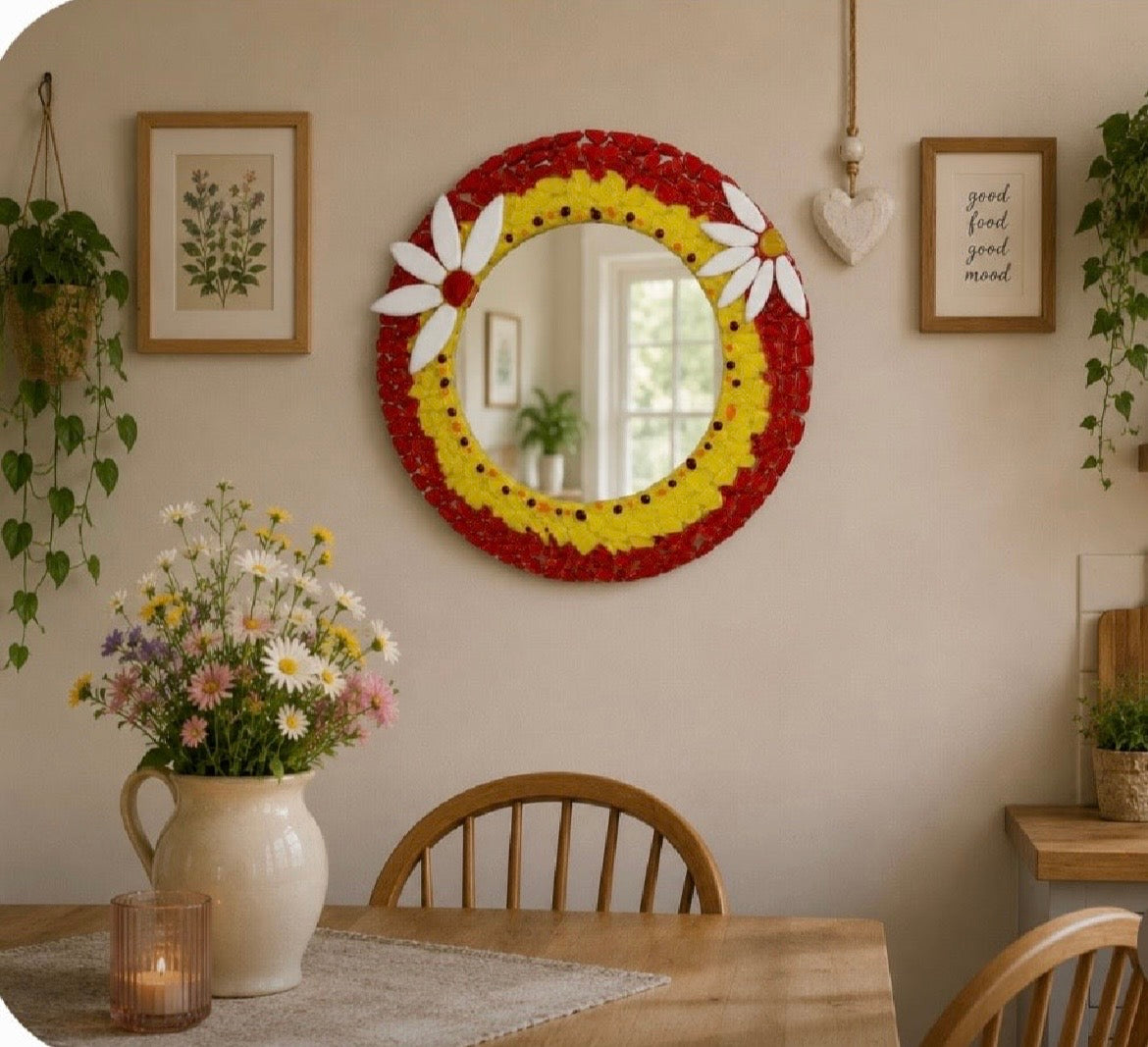 Handmade Fused Glass Daisy Mirror, Round Wall Mirror, Colourful Floral Home Décor, Unique Glass Art Gift, Daisy Wall Hanging