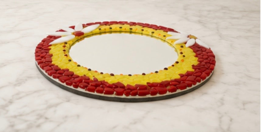 Handmade Fused Glass Daisy Mirror, Round Wall Mirror, Colourful Floral Home Décor, Unique Glass Art Gift, Daisy Wall Hanging