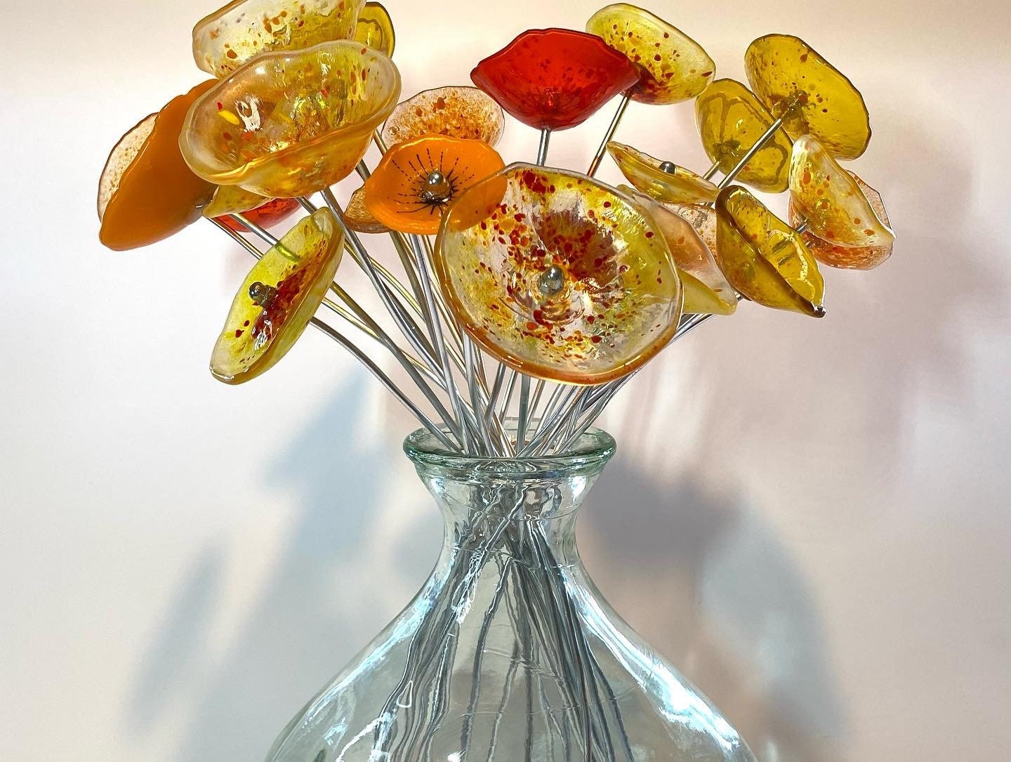 Handmade fused glass flower bouquet, glass flower display, glass flower sculpture, hand crafted glass flowers