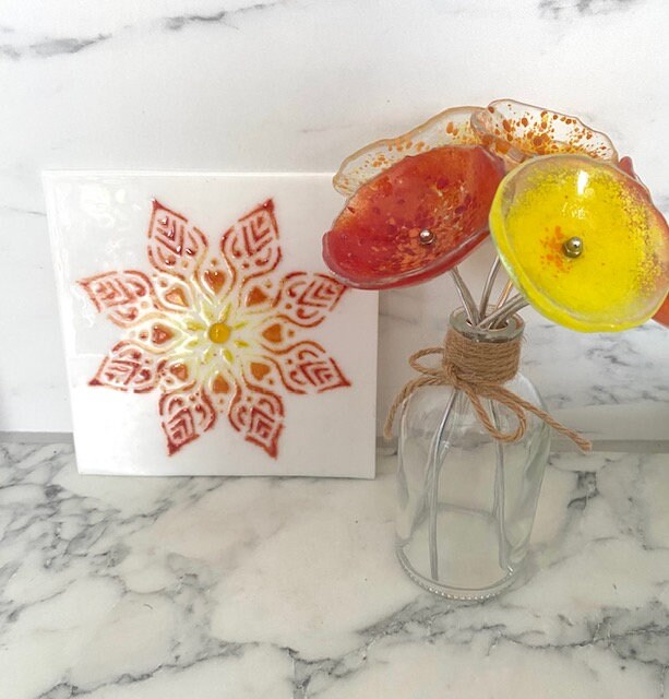 Fused glass panel, flower stencil pattern, glass art