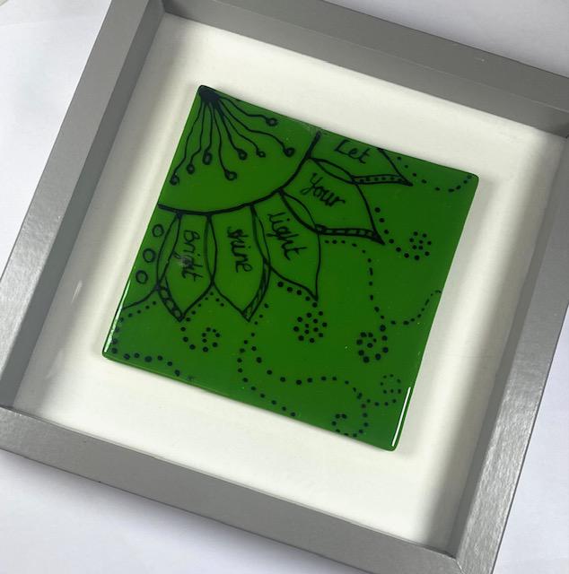 Hand-Painted green fused glass mandala picture