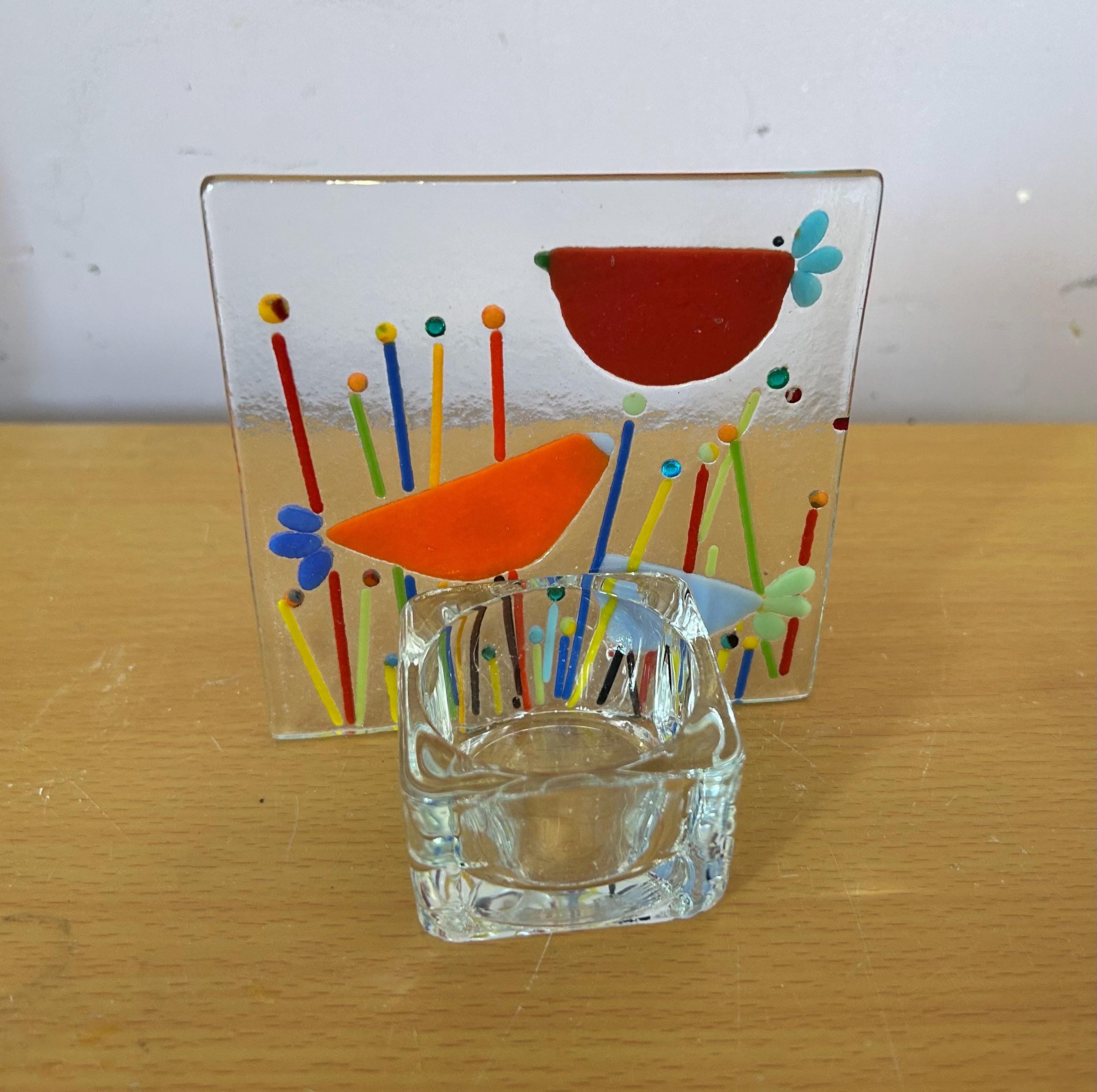 Fused glass tea light. Quirky birds