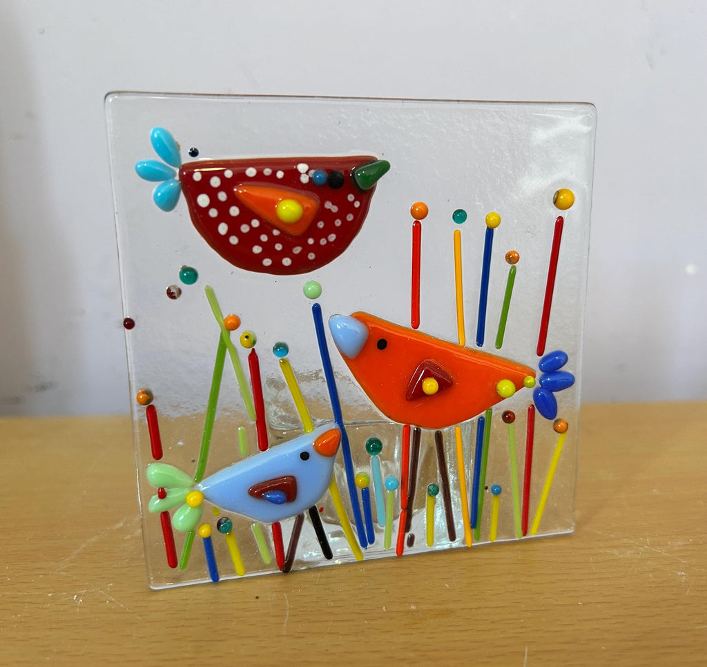 Fused glass tea light. Quirky birds
