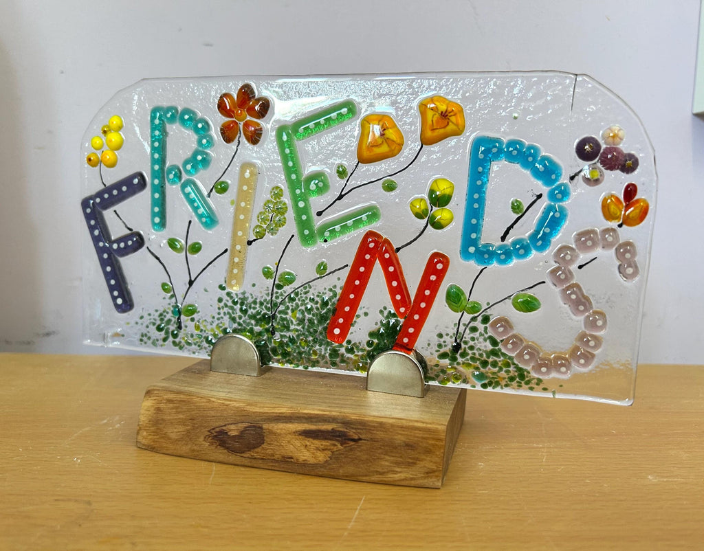 Fused glass art, Friends artwork on oak stand