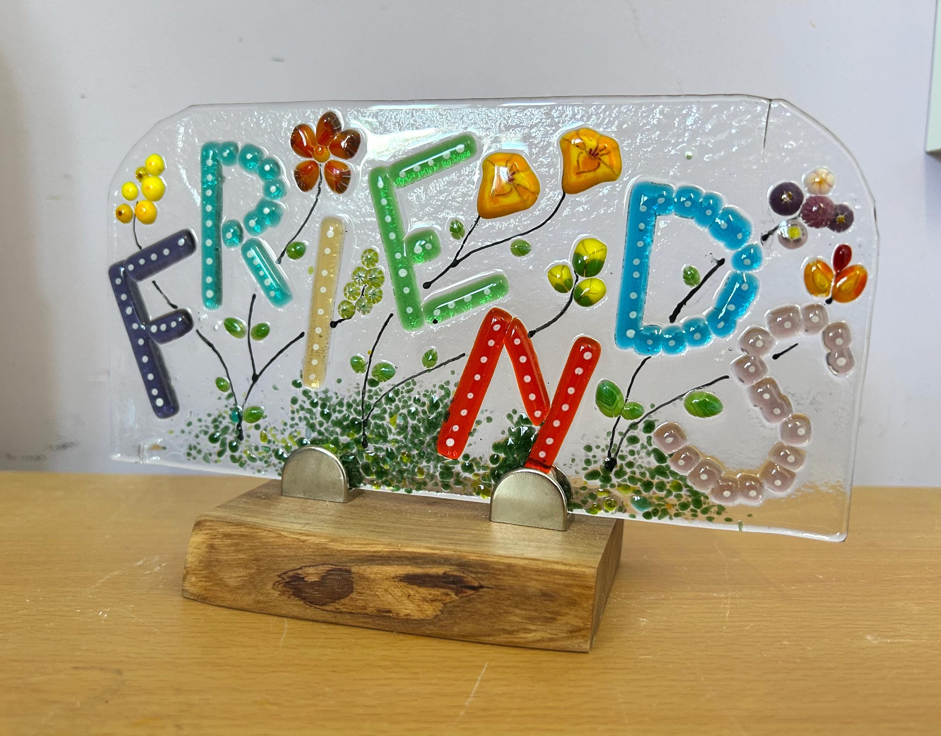 Fused glass art, Friends artwork on oak stand