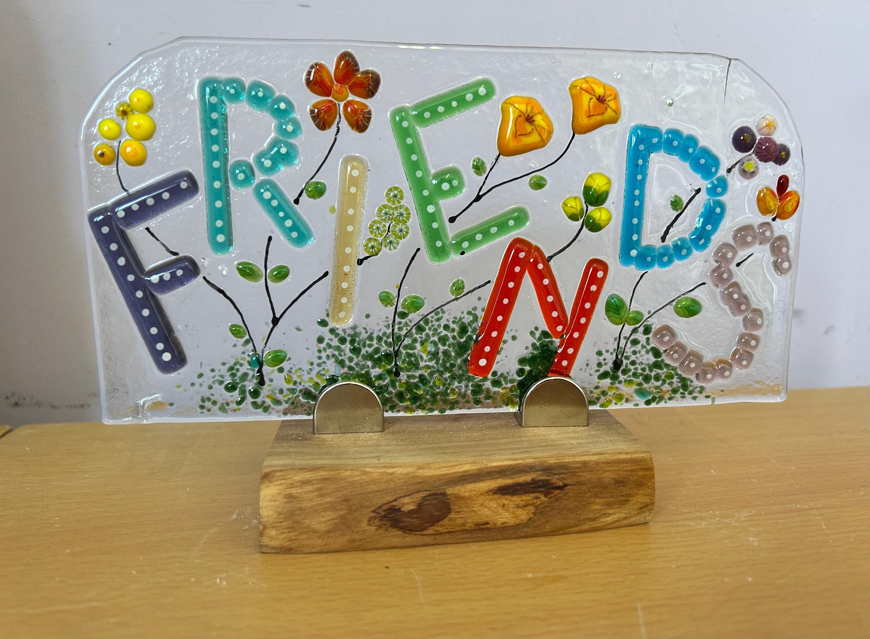 Fused glass art, Friends artwork on oak stand