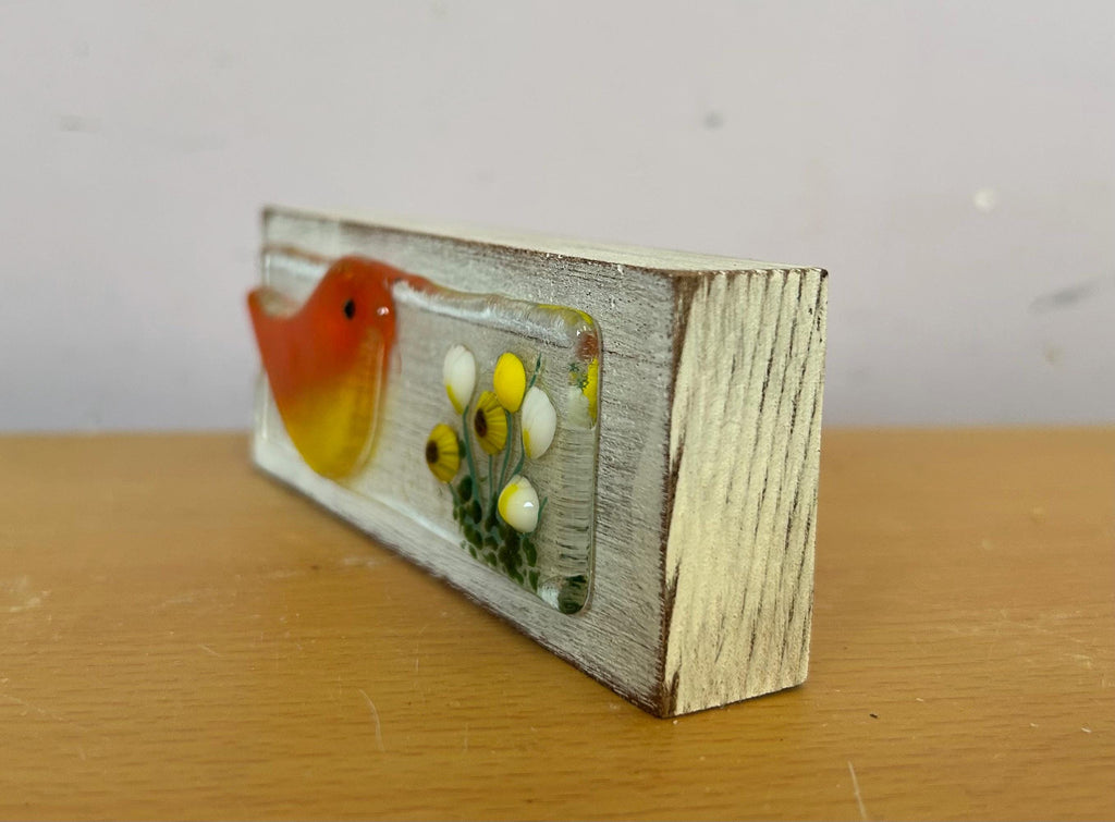 Fused glass robin on wooden block
