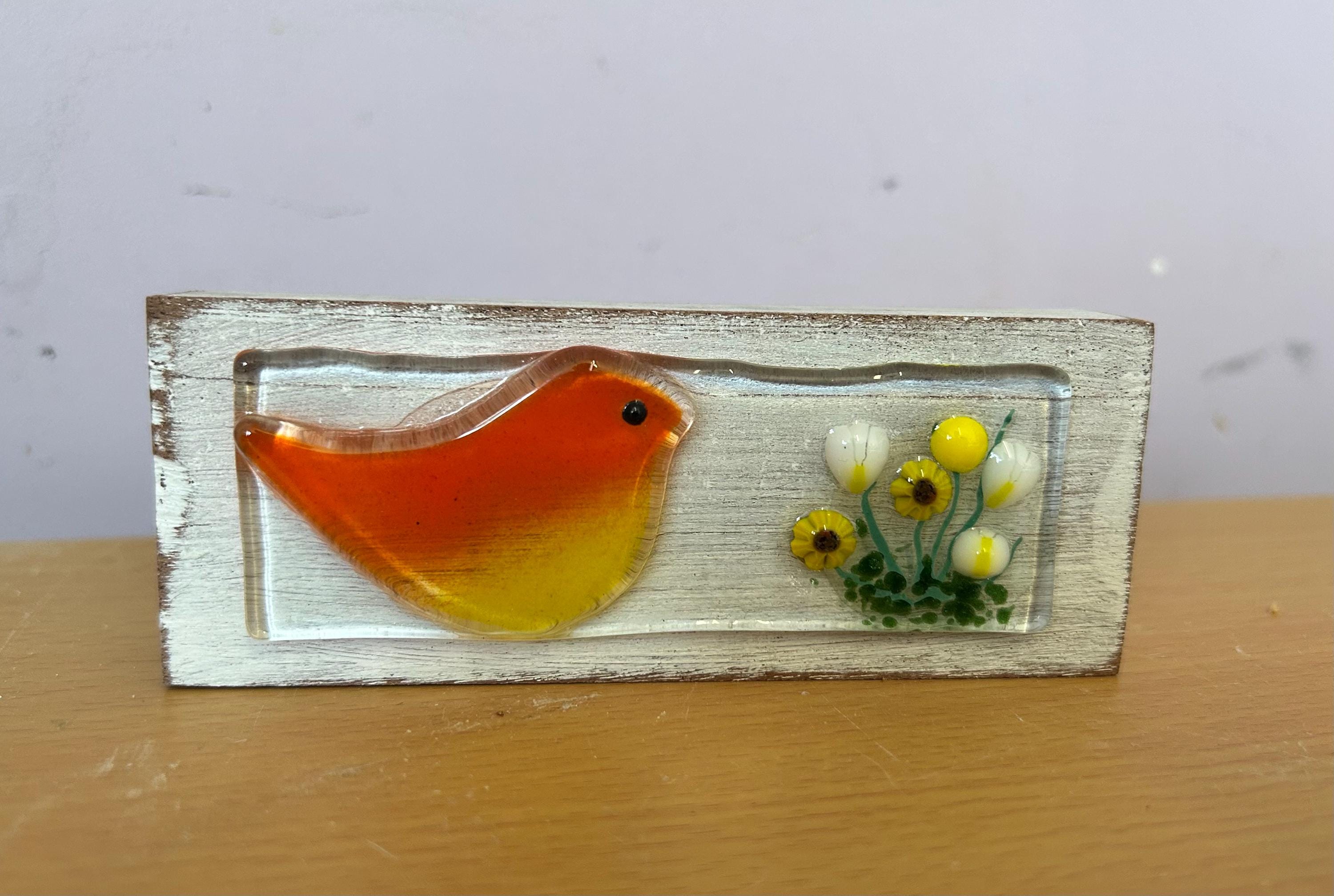 Fused glass robin on wooden block
