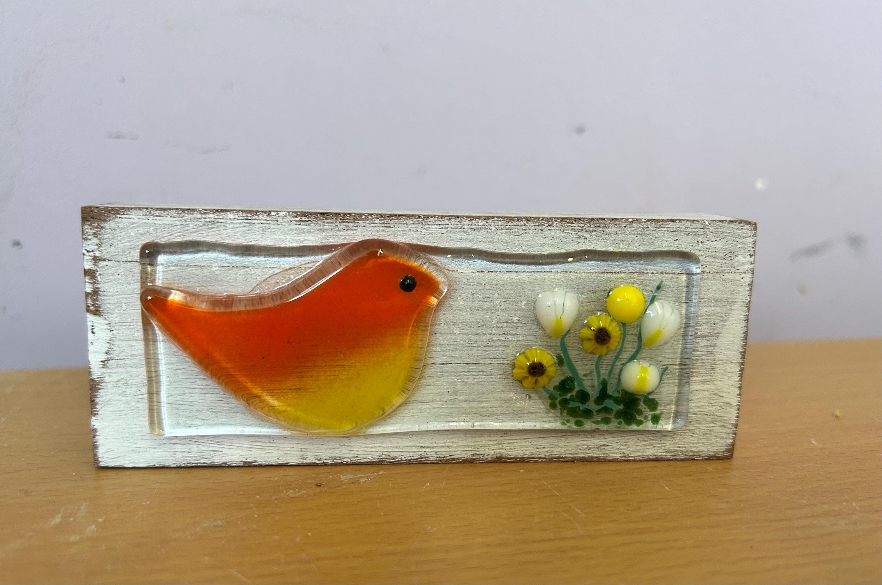 Fused glass robin on wooden block