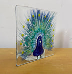 Fused glass tea light. Handpainted peacock design