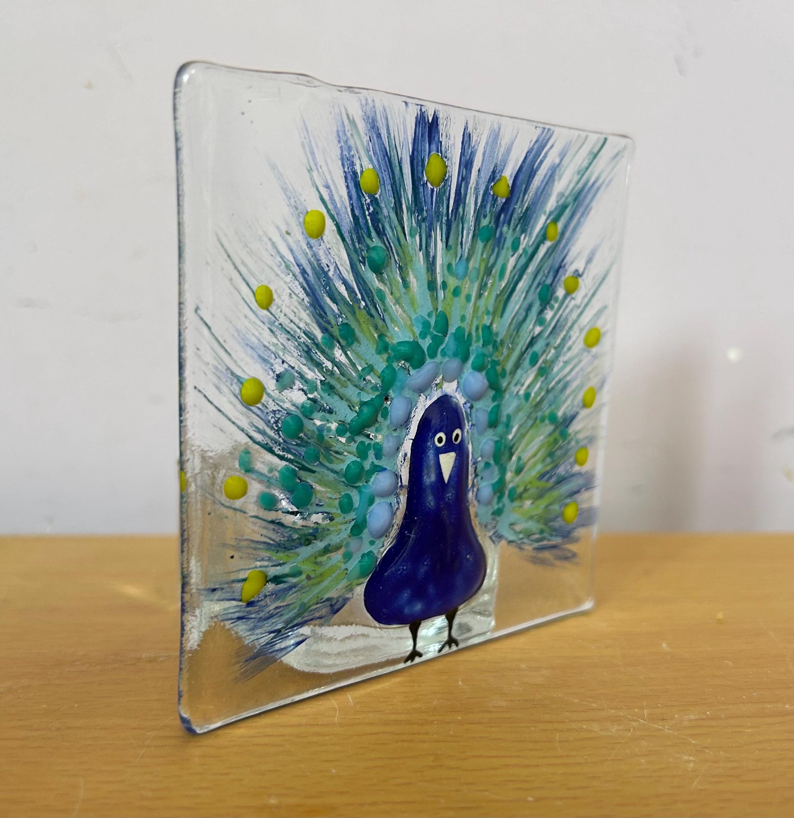 Fused glass tea light. Handpainted peacock design