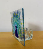 Fused glass tea light. Handpainted peacock design