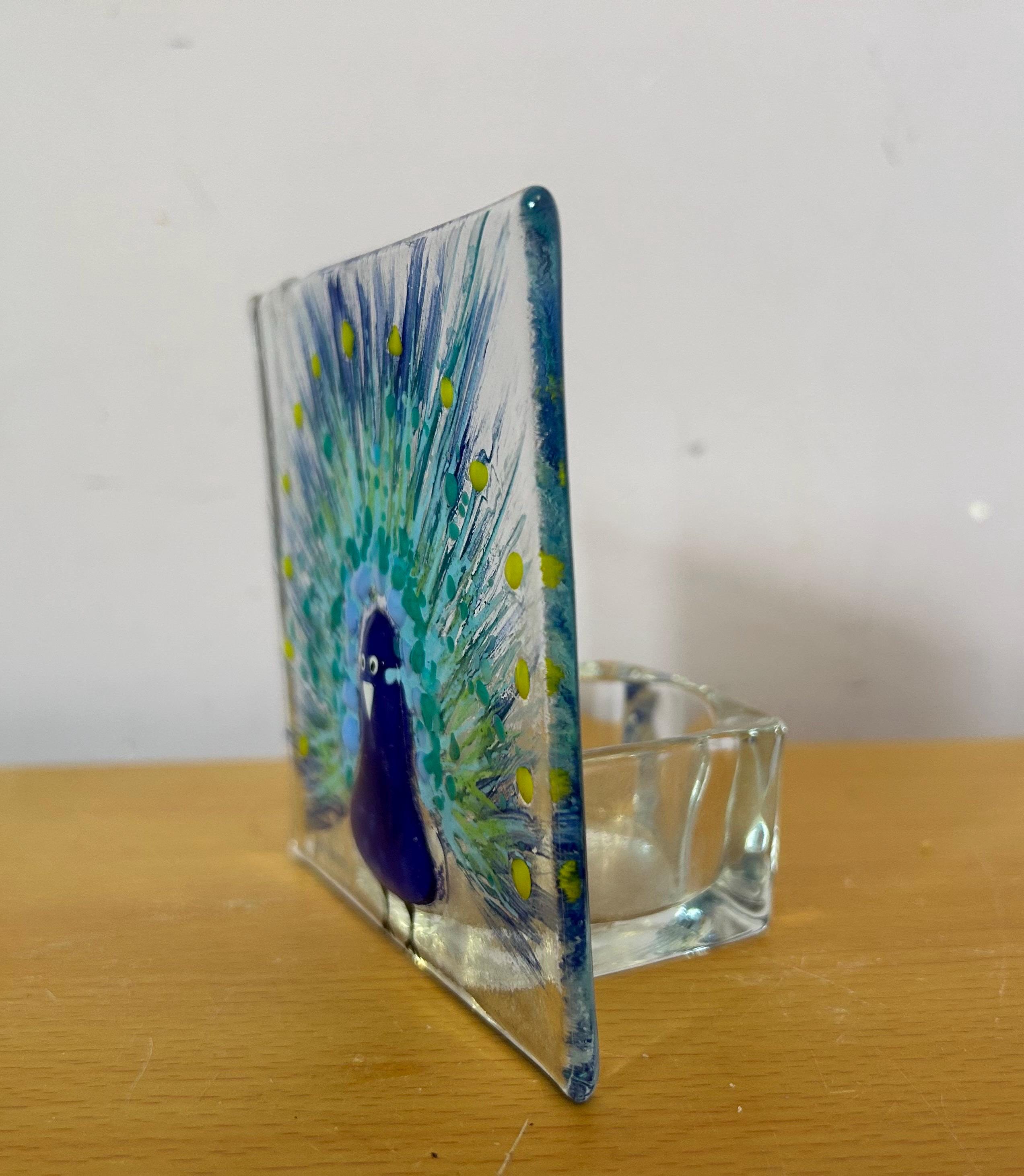 Fused glass tea light. Handpainted peacock design