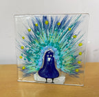 Fused glass tea light. Handpainted peacock design