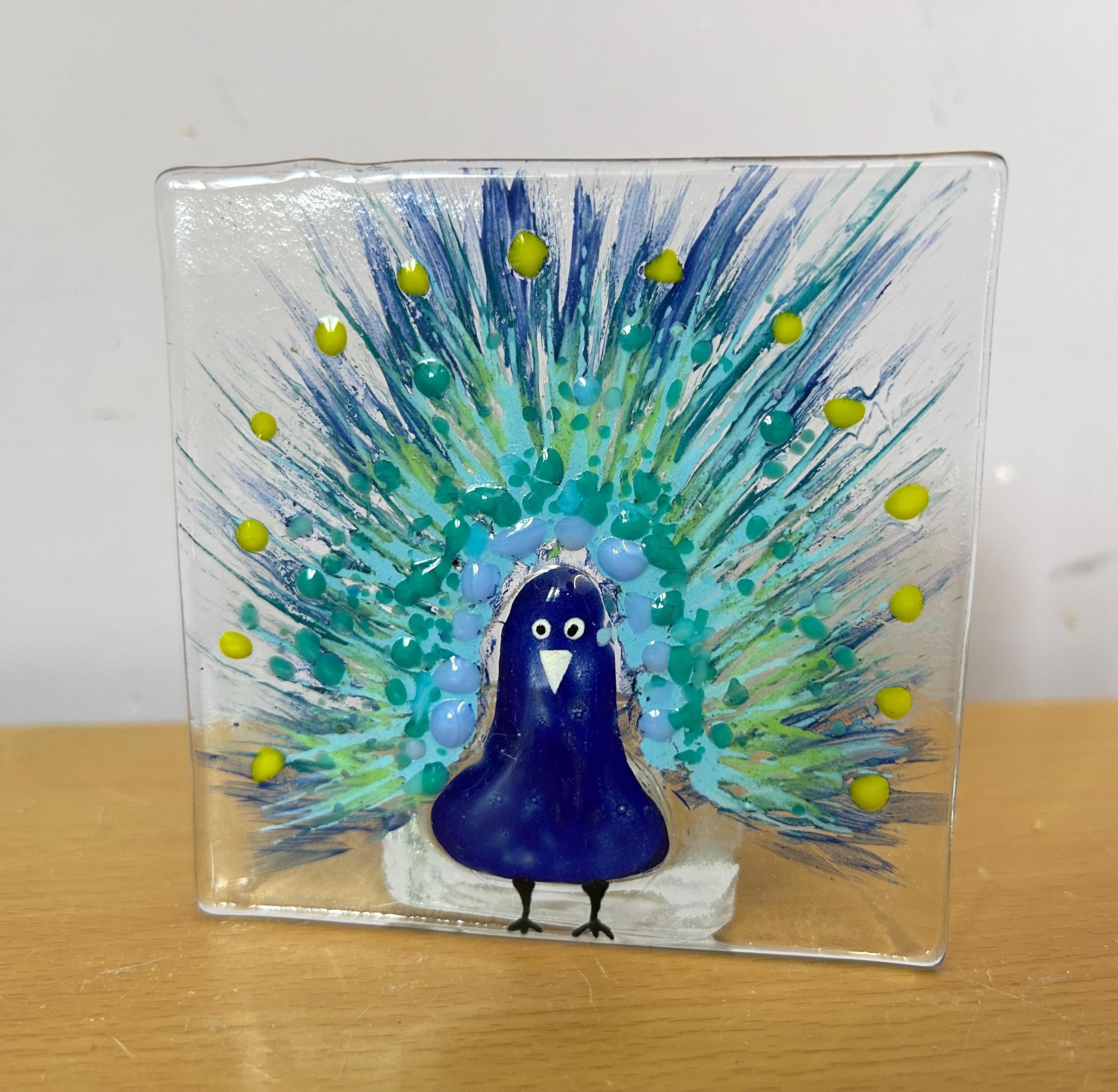 Fused glass tea light. Handpainted peacock design
