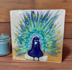 Fused glass tea light. Handpainted peacock design
