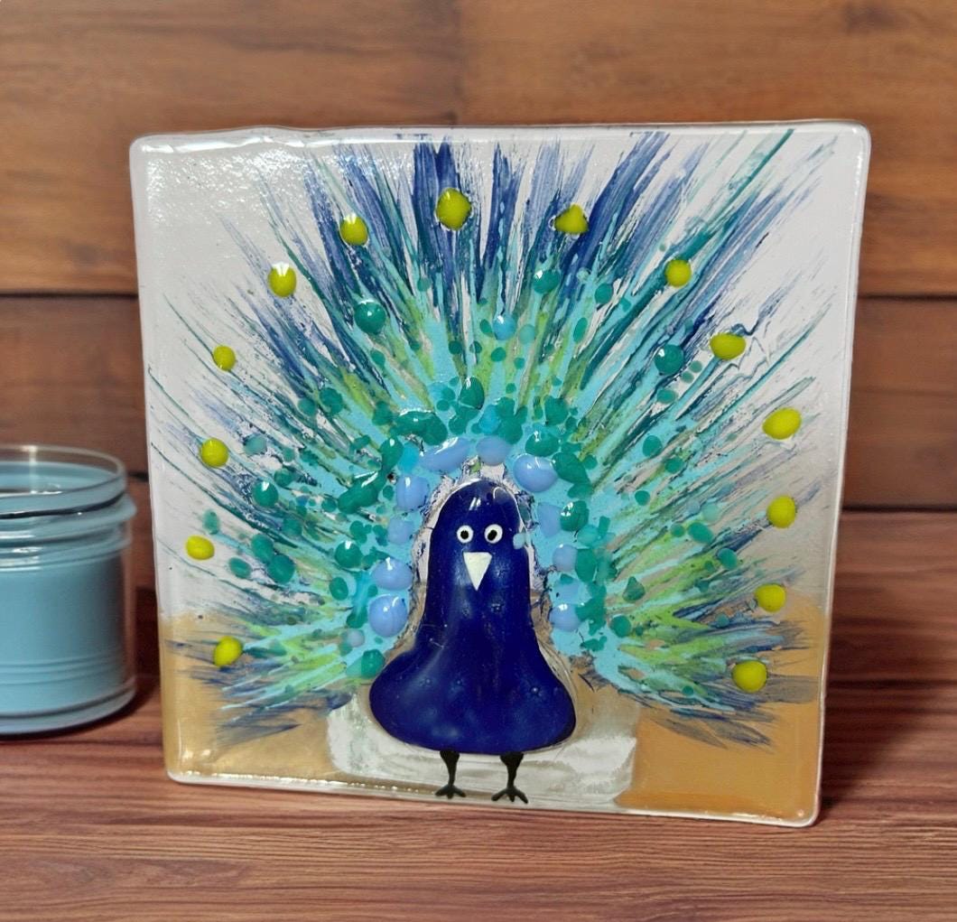 Fused glass tea light. Handpainted peacock design
