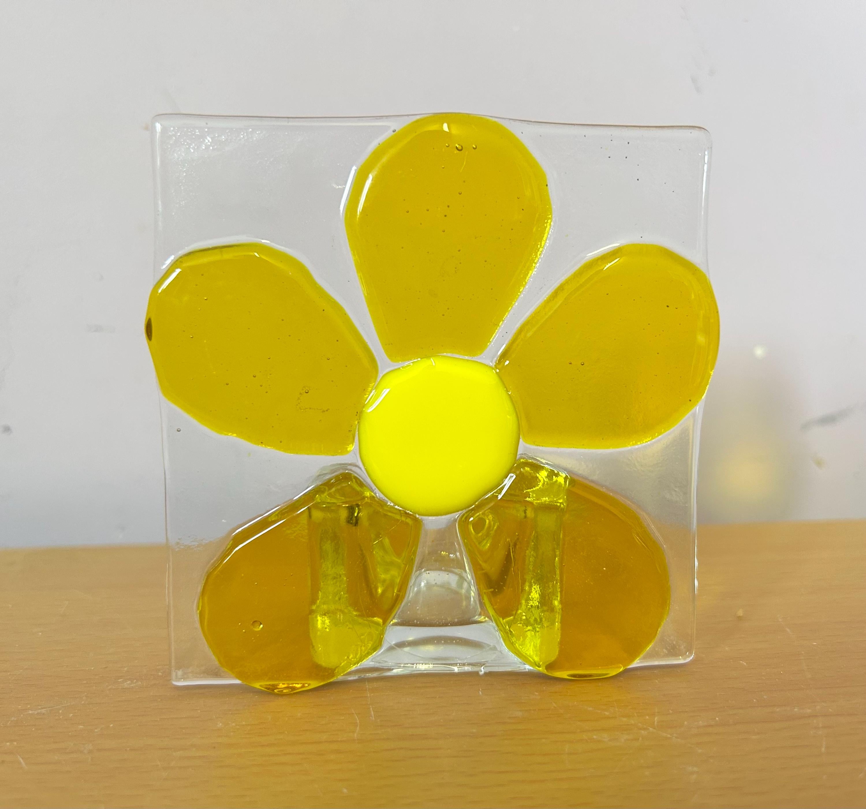 Fused glass xmas candle tea light. Yellow flower.