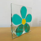Fused glass xmas candle tea light. Blue flower.