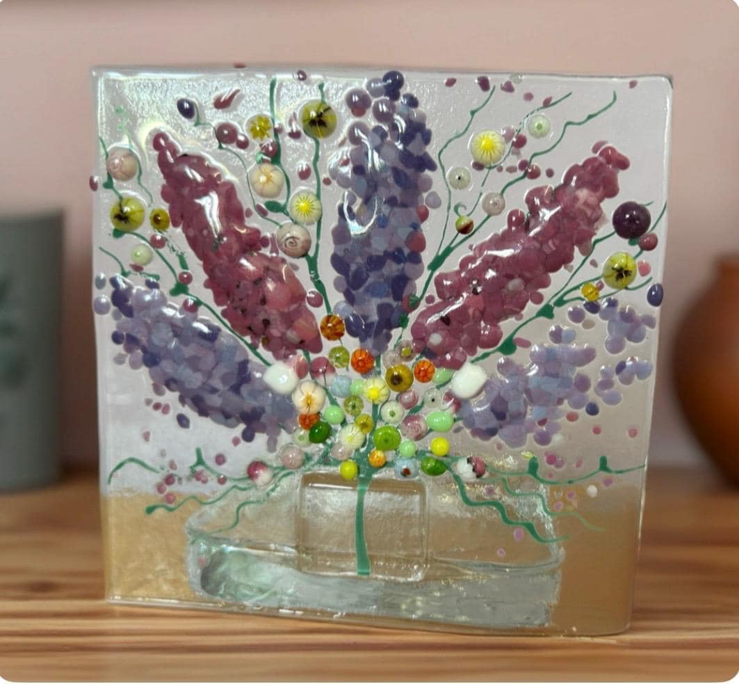 Fused glass tea light. Floral bouquet style