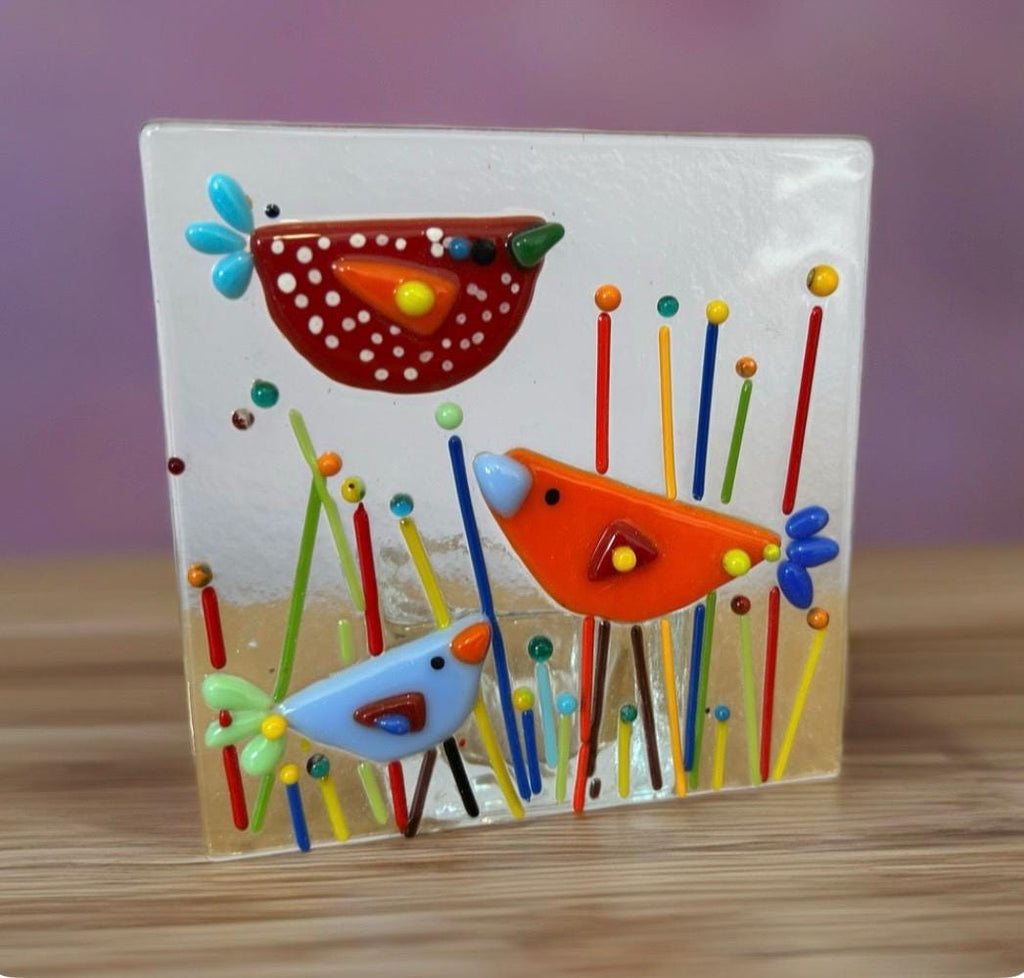 Fused glass tea light. Quirky birds