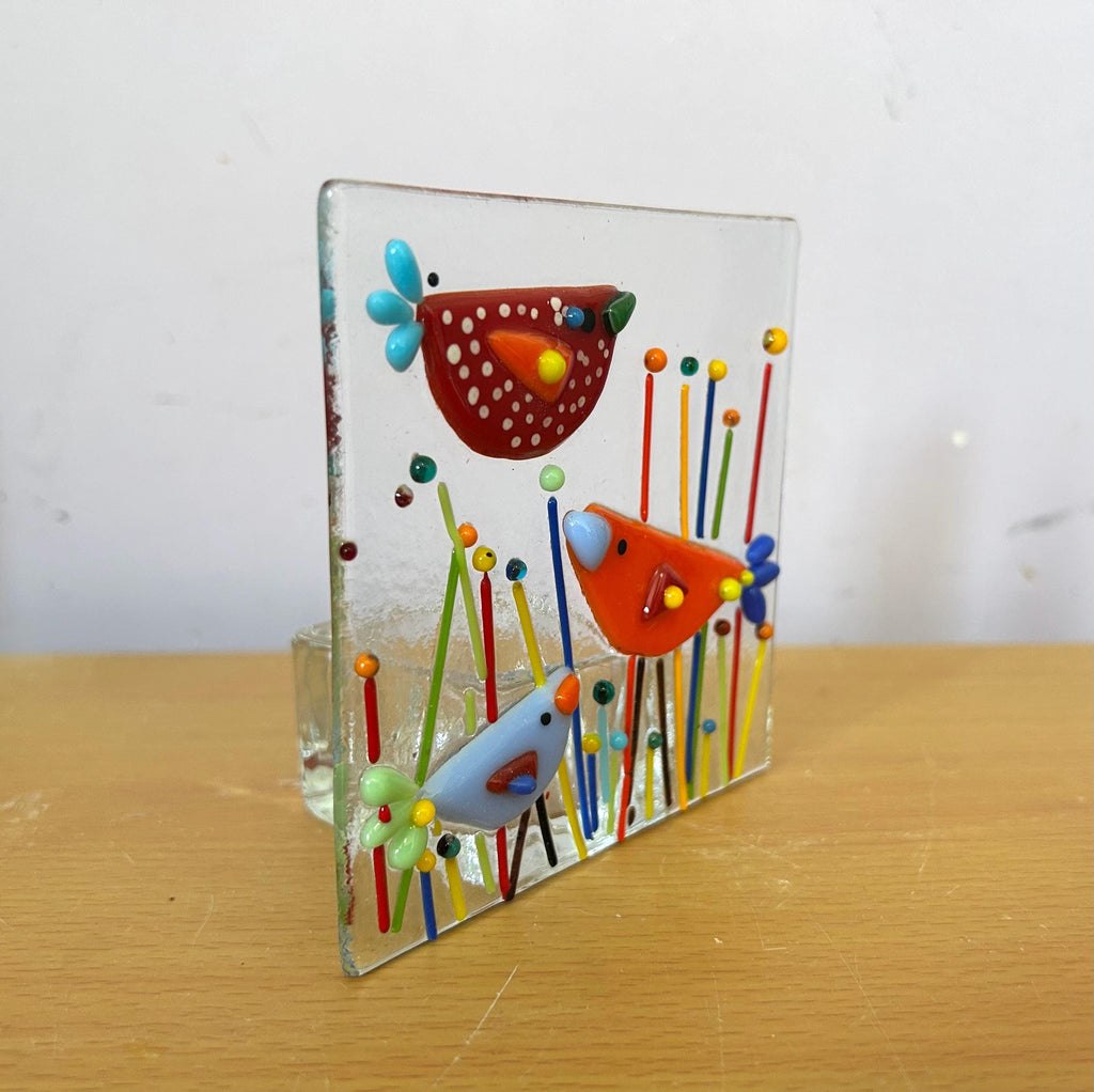 Fused glass tea light. Quirky birds