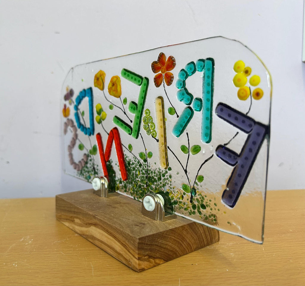 Fused glass art, Friends artwork on oak stand