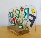 Fused glass art, Friends artwork on oak stand