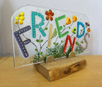 Fused glass art, Friends artwork on oak stand