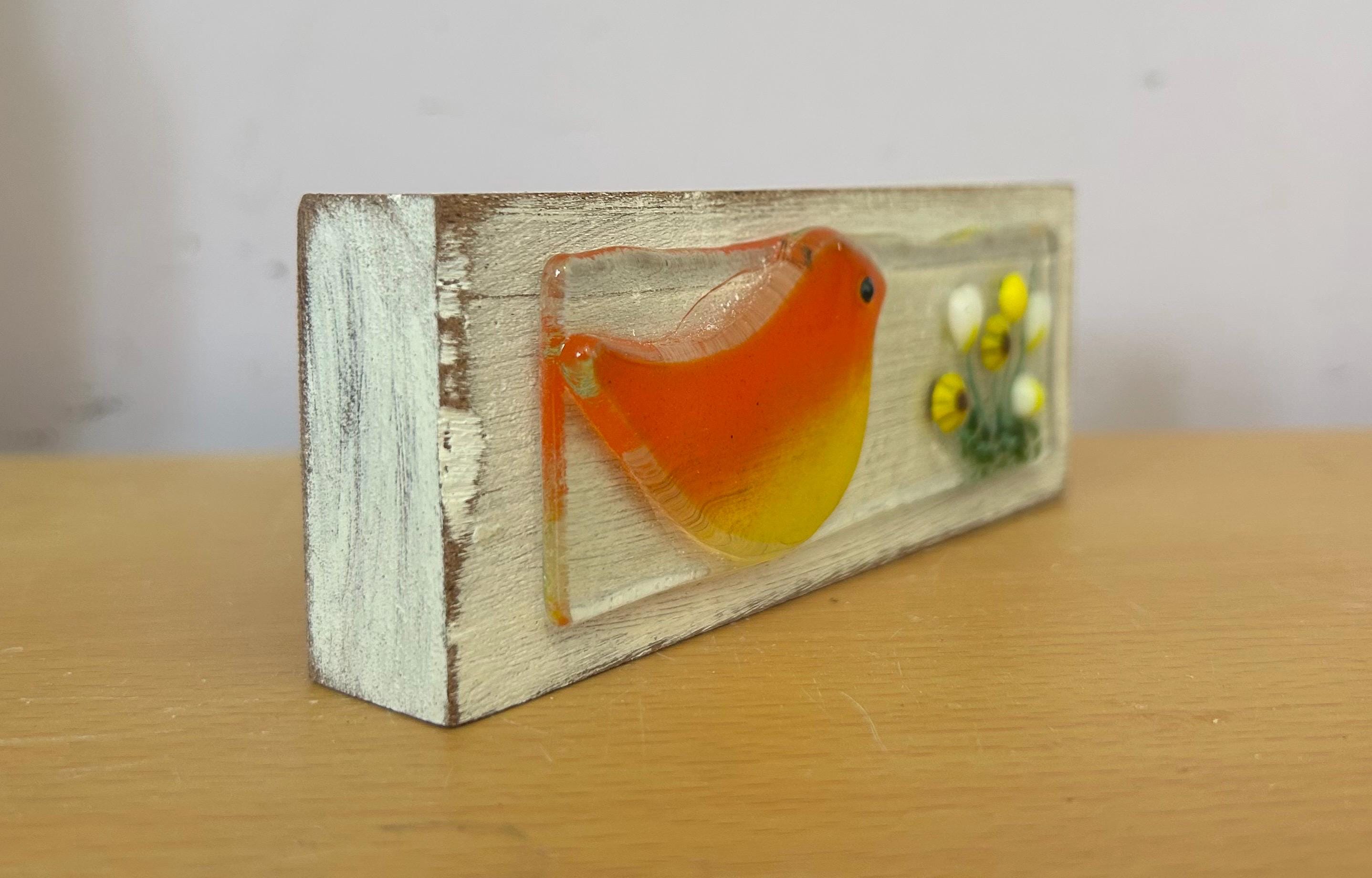 Fused glass robin on wooden block