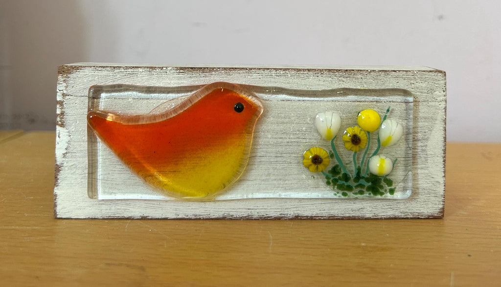 Fused glass robin on wooden block