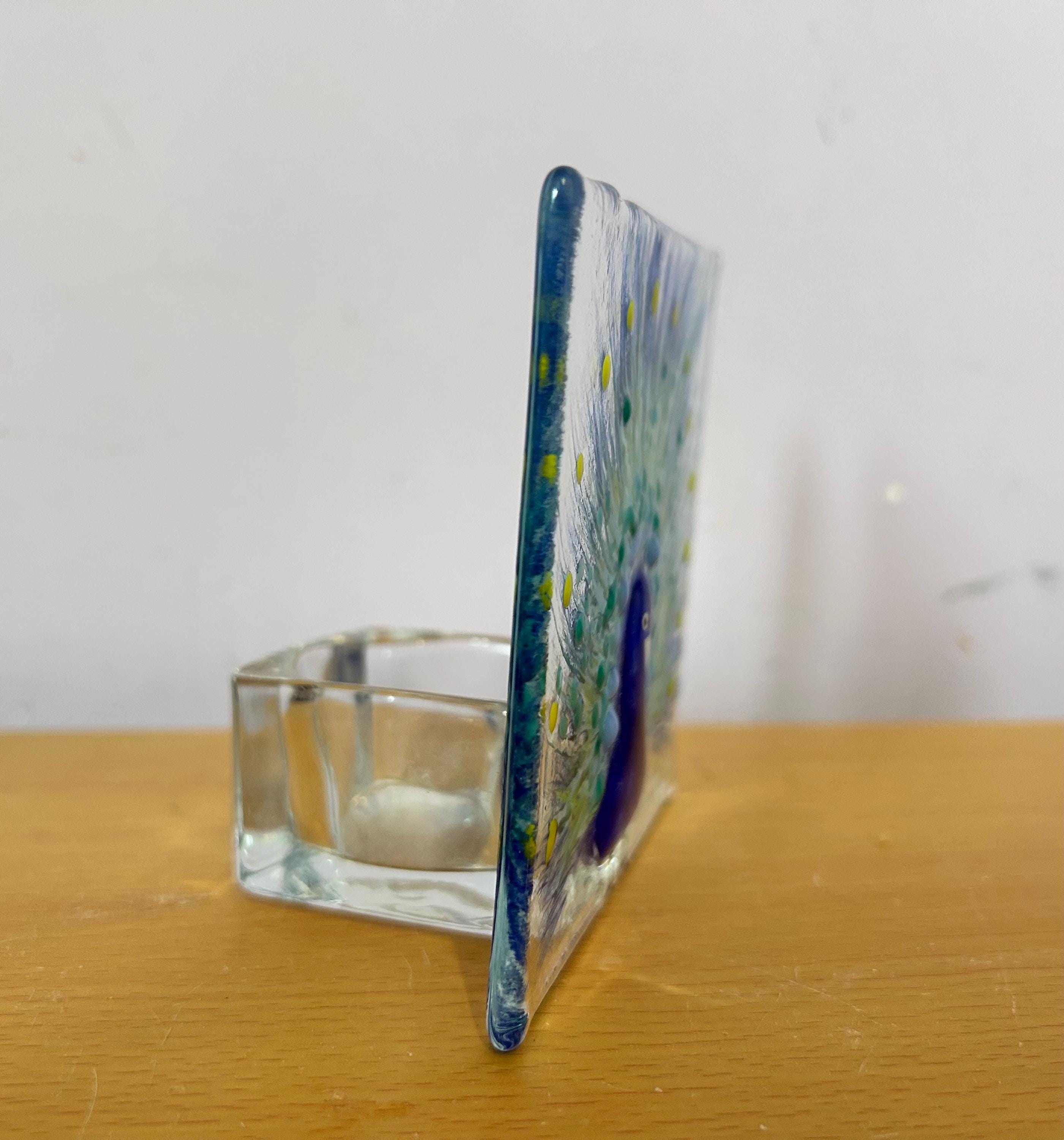 Fused glass tea light. Handpainted peacock design