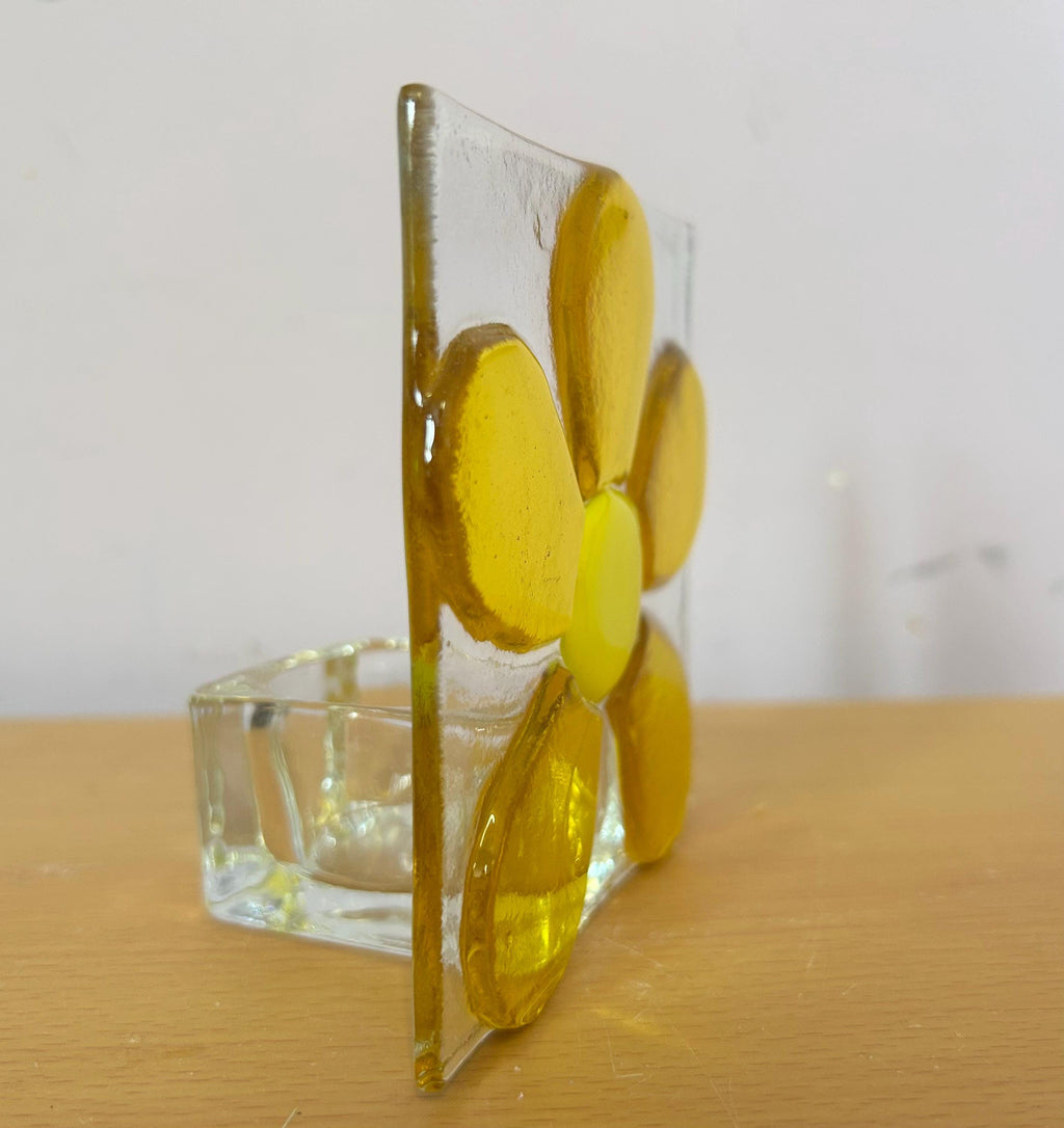 Fused glass xmas candle tea light. Yellow flower.