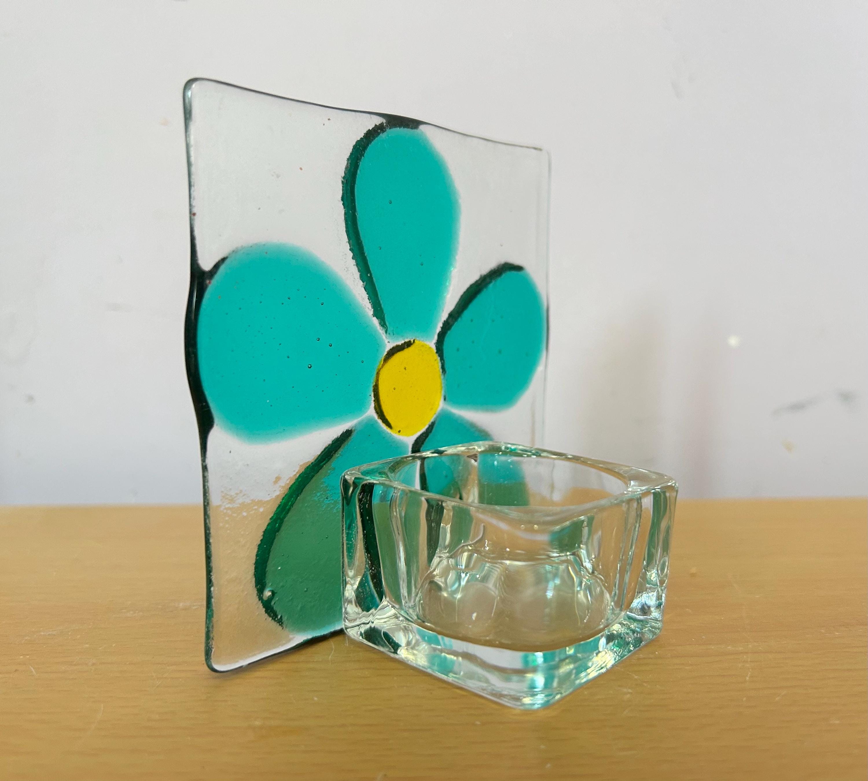 Fused glass xmas candle tea light. Blue flower.