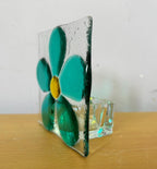 Fused glass xmas candle tea light. Blue flower.